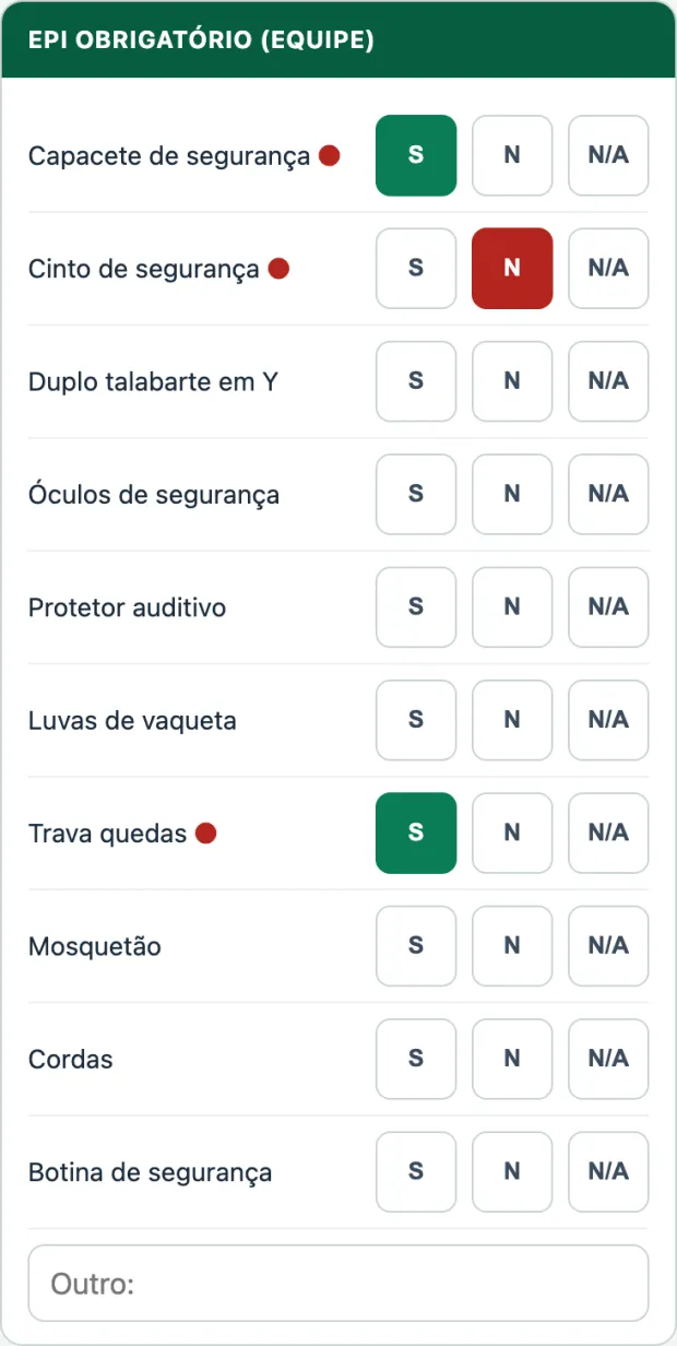 Captura real do app AprovaOS mostrando o checklist de EPI obrigatório com um item crítico marcado como não conforme