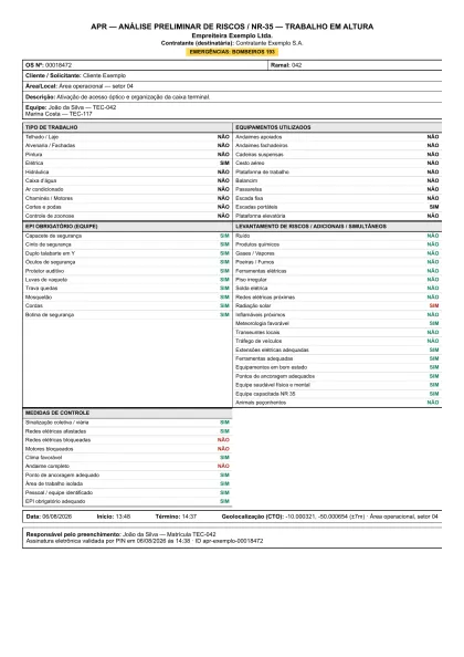 Miniatura da primeira página de um dossiê AprovaOS com cabeçalho da empreiteira, contratante destinatária, identificação da OS e checklist NR-35